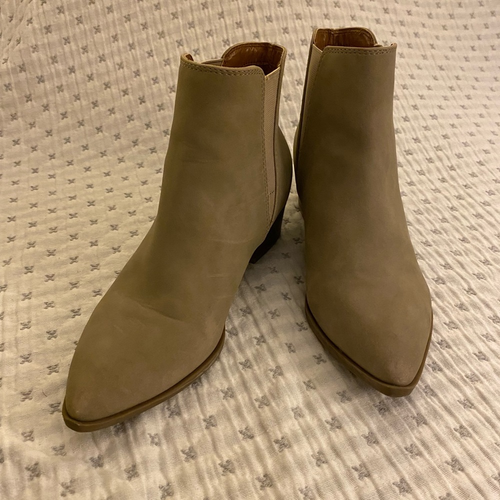 Pointed bootie, faux suede, taupe by Indigo Rd.